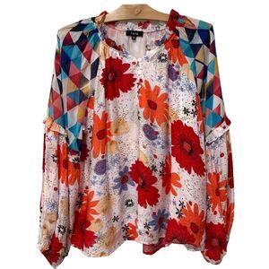 Fate | Top Long Balloon Sleeve Blouse Floral Mixed Print Ruffles- Size Medium